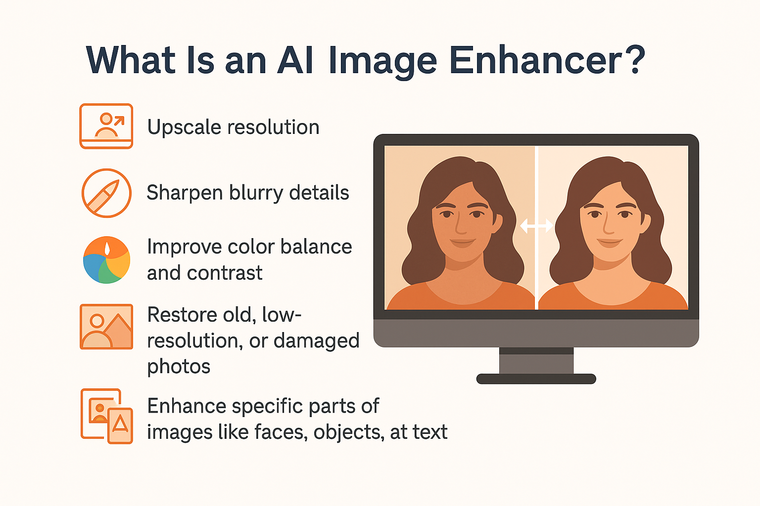 Infographic explaining what an AI image enhancer is, with listed capabilities like upscaling, sharpening, color correction, and facial improvement.