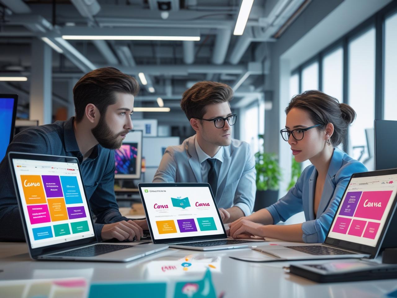 “Three diverse professionals — a developer, a graphic designer, and a content editor — working on creative projects with laptop screens showing different Canva templates, modern tech office vibe”